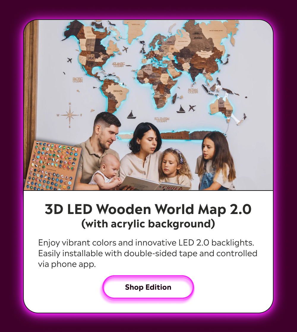 3D LED Wooden World Map 2.0 Natural Color