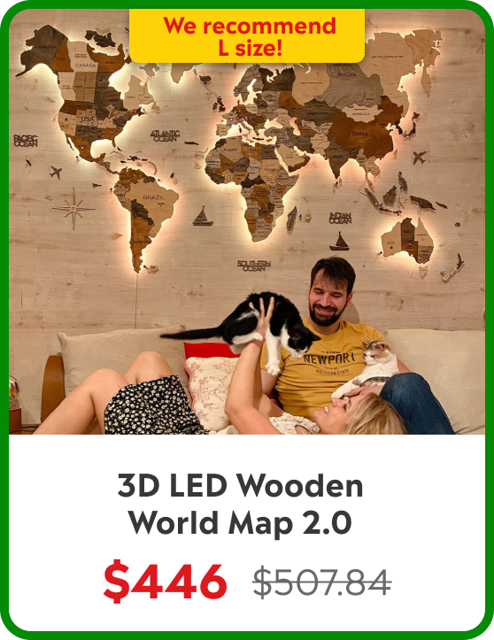 3D LED Wooden World Map 2.0 (with acrylic background)