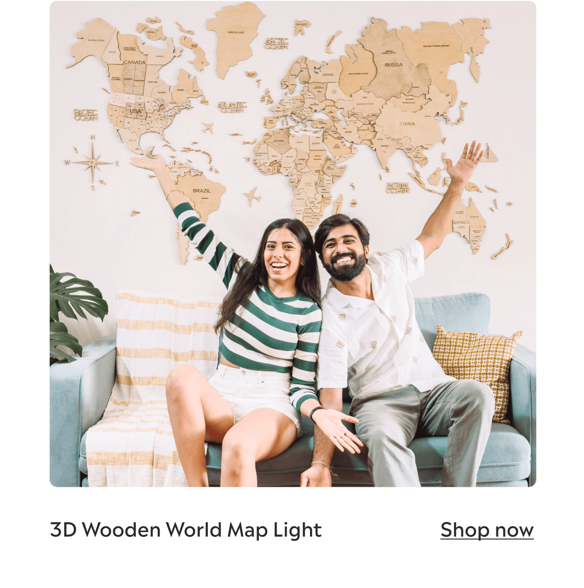 3D Wooden World Map Light