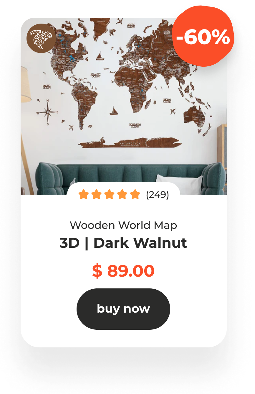 3D World Map Dark Walnut